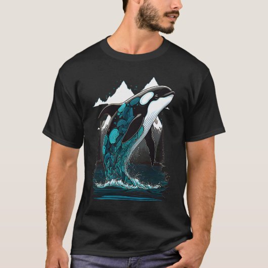 Colourful mystical orca whale watching dolphin pot t-shirt (Voorkant)