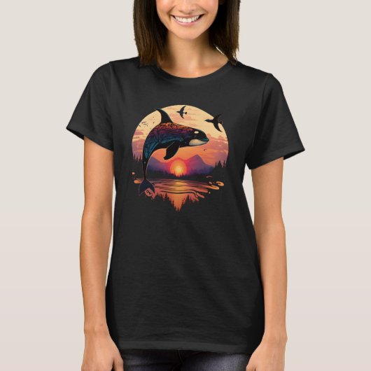 Colourful mystical orca whale watching dolphin pot t-shirt (Voorkant)