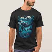 Colourful mystical orca whale watching dolphin pot t-shirt (Voorkant)