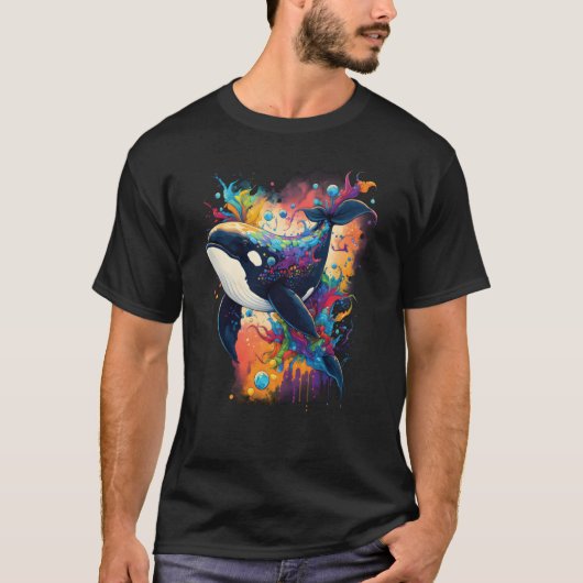 Colourful mystical orca whale watching dolphin pot t-shirt (Voorkant)