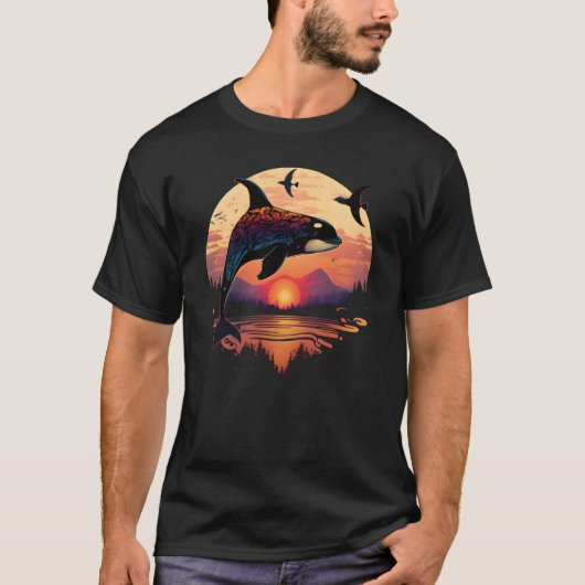 Colourful mystical orca whale watching dolphin pot t-shirt (Voorkant)