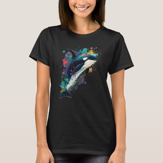 Colourful mystical orca whale watching dolphin pot t-shirt (Voorkant)