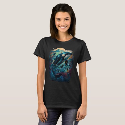 Colourful mystical orca whale watching dolphin pot t-shirt (Voorkant volledig)