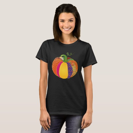 Colourful patchwork pumpkin with different pattern t-shirt (Voorkant volledig)