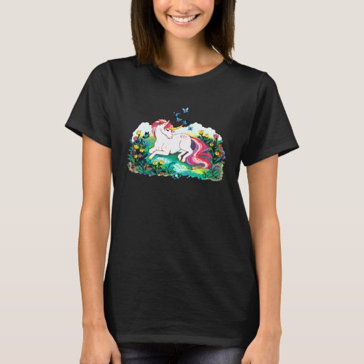 Colourful unicorn lying on a flower filled area t-shirt (Voorkant)