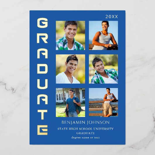 Colours Royal Blue Afstuderen Multi Photo Mix Folie Uitnodiging (Voorkant)