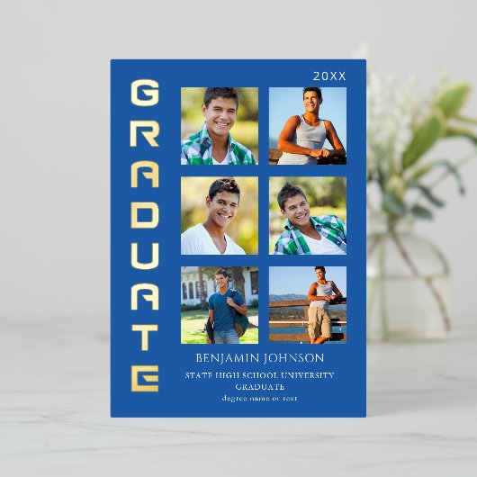 Colours Royal Blue Afstuderen Multi Photo Mix Folie Uitnodiging (Staand Voorkant)