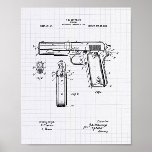 Colt.45 1911 Kunst voor octrooien - Lijnenpoer Poster (Voorkant)