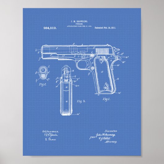 Colt.45 1911 Patent Art - Blauwdruk Poster (Voorkant)