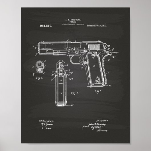 Colt.45 1911 Patent Art - Chalkboard Poster (Voorkant)