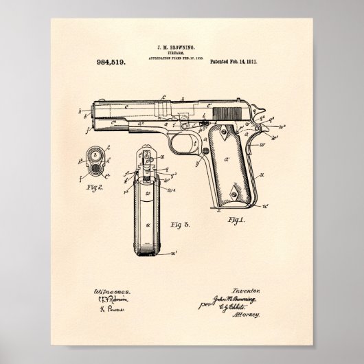 Colt.45 1911 Patent Art - Old Peper Poster (Voorkant)