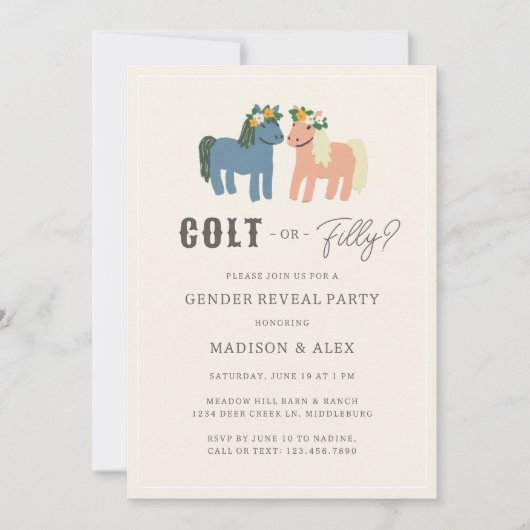 Colt or Filly Cute Horse Theme Gender Reveal Party Kaart (Voorkant)