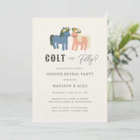 Colt or Filly Cute Horse Theme Gender Reveal Party Kaart (Staand voorkant)