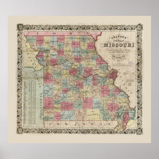 Colton's Map of Missouri (1851) Poster (Voorkant)