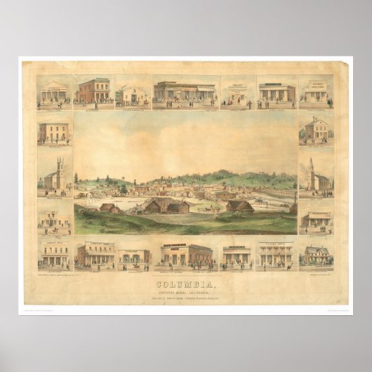 Columbia, CA. Panoramische kaart 1855 (0441A) Poster (Voorkant)