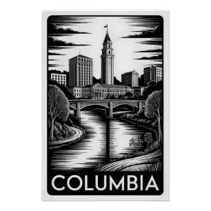 Columbia South Carolina Zwart Wit Houtsnede Perfect Poster