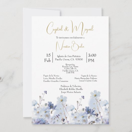 Columbine bloem bruiloft uitnodiging in het Spaans (Voorkant)