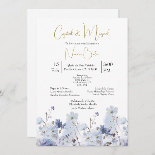 Columbine bloem bruiloft uitnodiging in het Spaans (Voorkant / Achterkant)