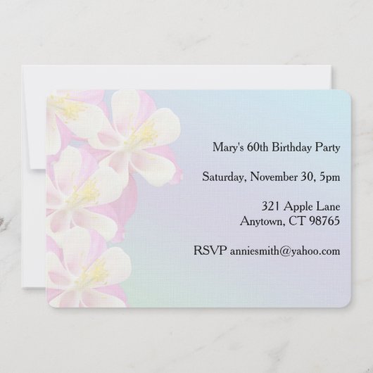 Columbine Bloem Roze & Wit Verjaardag Uitnodiging (Achterkant)