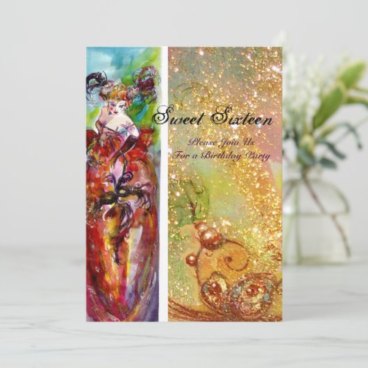 COLUMBINE, Sweet Sixteen Masquerade Party, geel Kaart (Staand voorkant)
