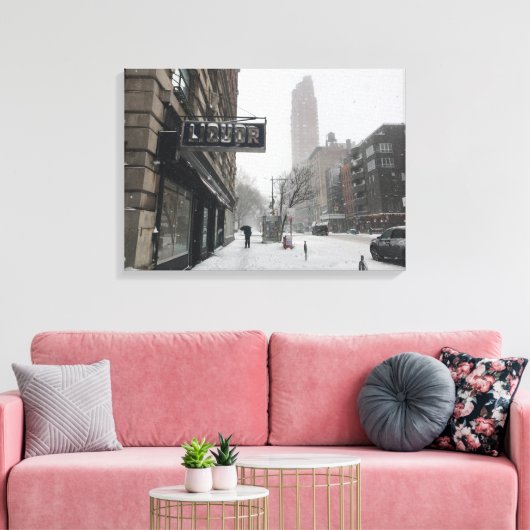 Columbus Avenue Liquor Store NYC Snowstorm Winter Canvas Afdruk (Insitu (Woonkamer))