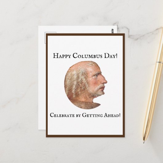 Columbus Day Getting Ahead Grappige grap Briefkaart (Voorkant / Achterkant in situ)