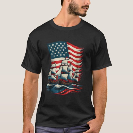 Columbus Day Sailing Ship American Flag Patriotic T-shirt (Voorkant)