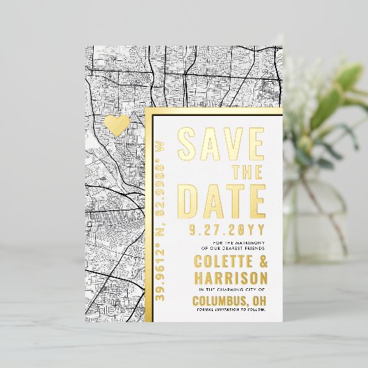 Columbus Love Locator | Bruiloft Bewaar de datum Folie Uitnodiging (Staand Voorkant)
