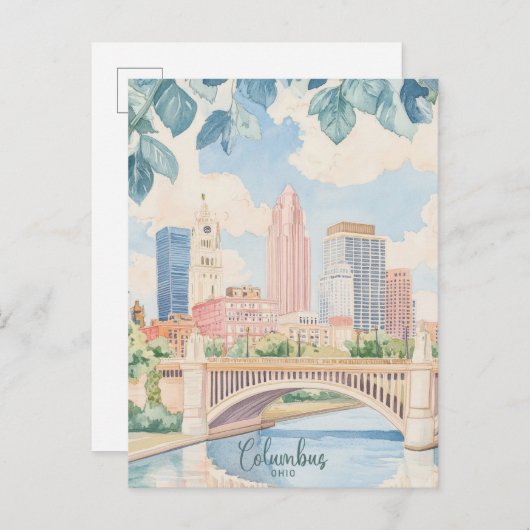 Columbus Ohio Gouache Schilderillustratie Reizen Briefkaart (Voorkant / Achterkant)