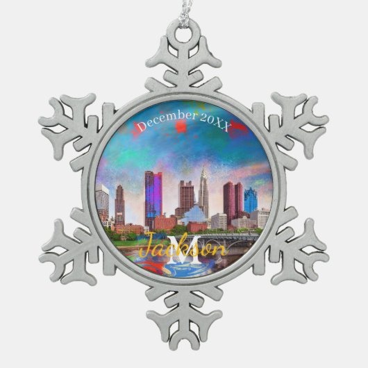 Columbus Snowflake Pewter Kerstversiering Tin Sneeuwvlok Ornament (Voorkant)