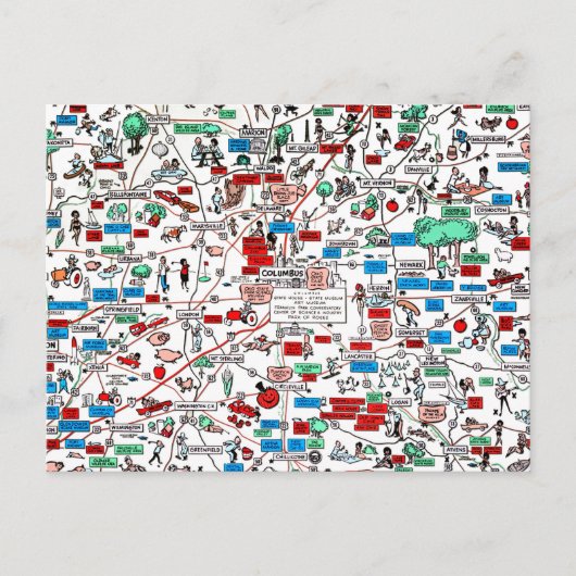 Columbus Springfield Newark retro 60s cartoon map Briefkaart (Voorkant)