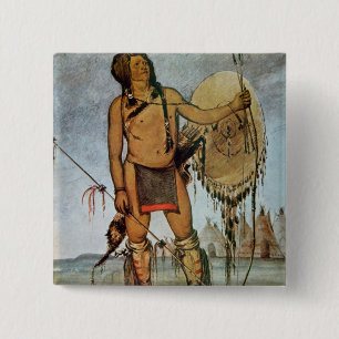 Comanche-strijder met schild, lans en boog vierkante button 5,1 cm