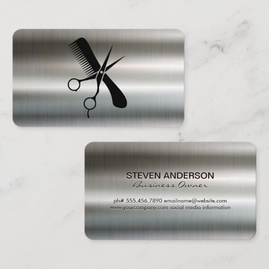 Comb Scissors | Barber | Metallic Background Visitekaartje (Voorkant / Achterkant)