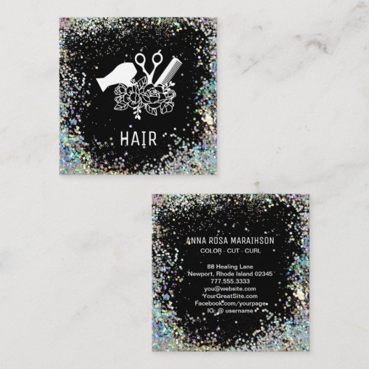 *~* Comb Scissors Flowers Rainbow Glitter AP6 Vierkante Visitekaartje (Voorkant / Achterkant)