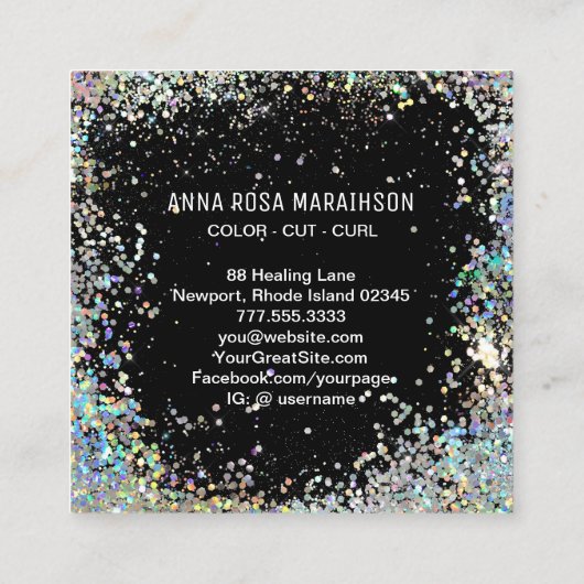 *~* Comb Scissors Flowers Rainbow Glitter AP6 Vierkante Visitekaartje (Achterkant)