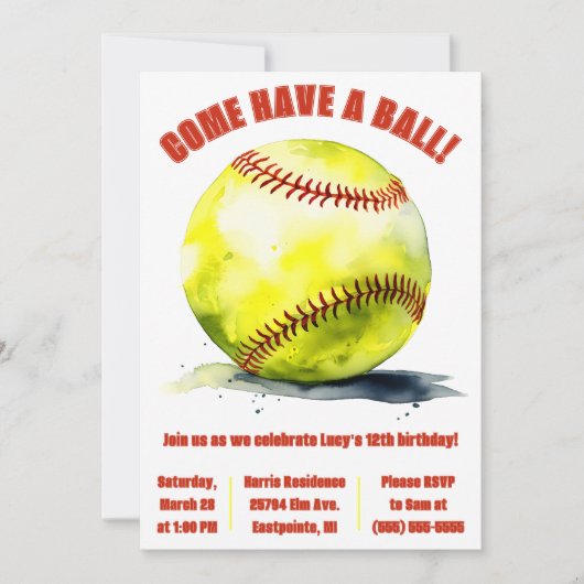 Come Have a Ball! Softball Themed Birthday Party Kaart (Voorkant)