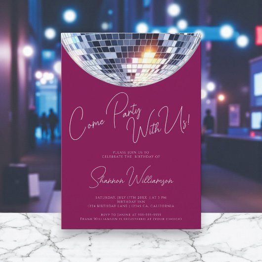 Come party pink  modern disco ball birthday  kaart