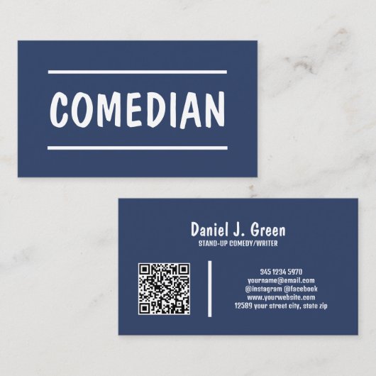 🤡 Comedian Stand Up Custom QR Blauw Visitekaartje (Voorkant / Achterkant)