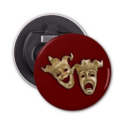Comedy en tragedie theater maskeert Maroon Button Flesopener (Voorkant)