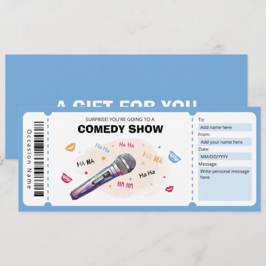 Comedy Show Cadeaubon, Stand Up Comedy Ticket Kaart (Voorkant / Achterkant)