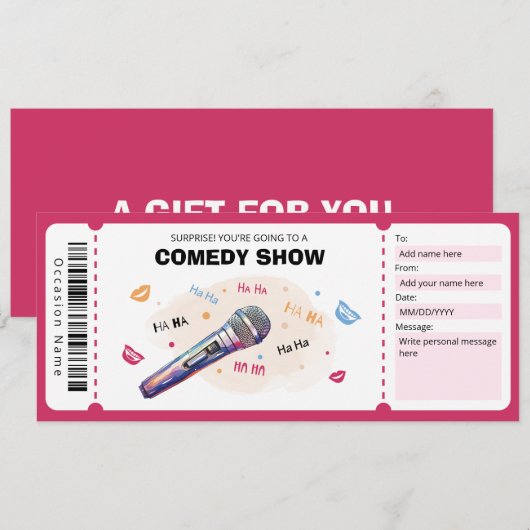 Comedy Show Cadeaubon, Stand Up Comedy Ticket Kaart (Voorkant / Achterkant)