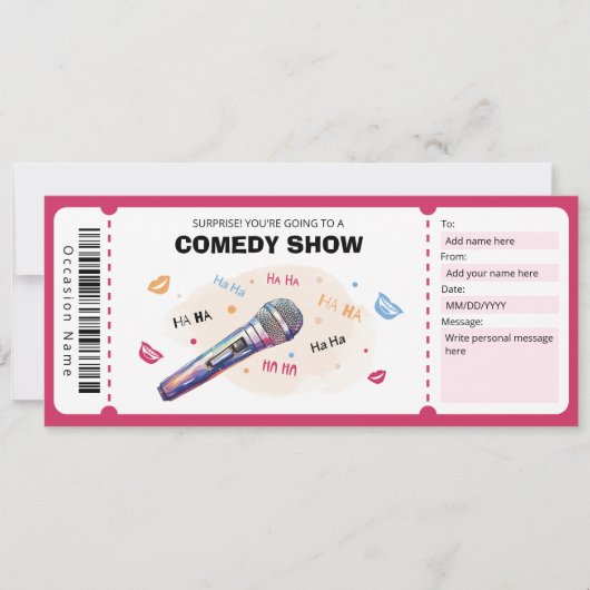 Comedy Show Cadeaubon, Stand Up Comedy Ticket Kaart (Voorkant)