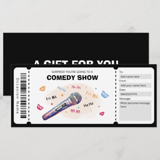 Comedy Show Cadeaubon, Stand Up Comedy Ticket Kaart (Voorkant / Achterkant)