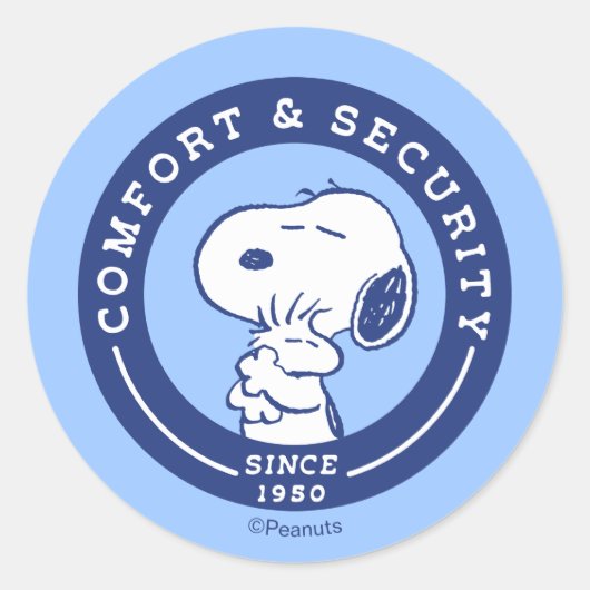 Comfort en veiligheid | Snoopy & Woodstock Hug Ronde Sticker (Voorkant)