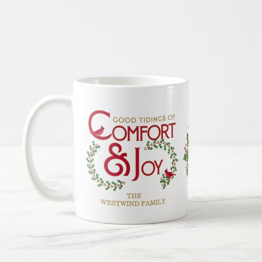 Comfort en vreugde kersttypografie gepersonaliseer koffiemok (Links)