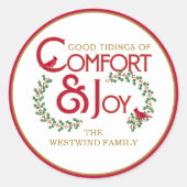 Comfort en vreugde Rode Kardinaal Kerst Holly Ronde Sticker (Voorkant)
