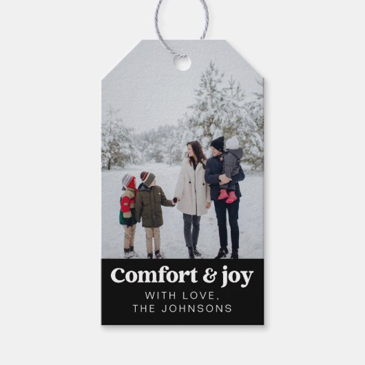 Comfort & Vreugde Foto en Naam Modern Kerstmis Cadeaulabel (Voorkant)