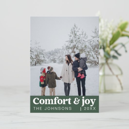 Comfort & Vreugde Foto en Naam Modern Kerstmis Feestdagenkaart (Staand voorkant)