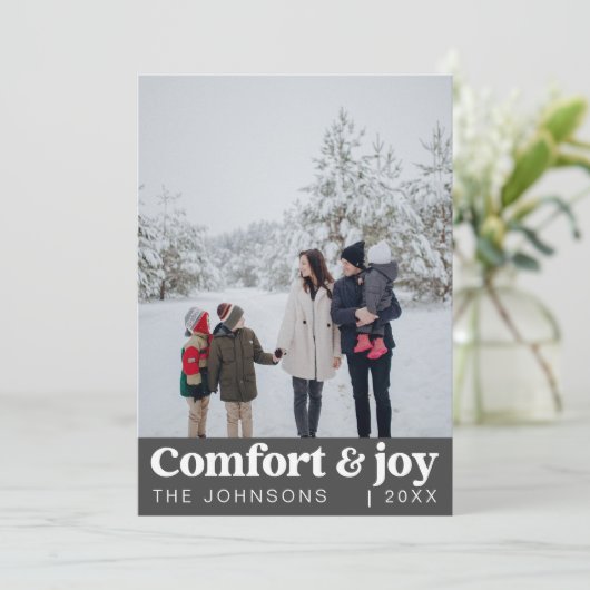 Comfort & Vreugde Foto en Naam Modern Kerstmis Feestdagenkaart (Staand voorkant)