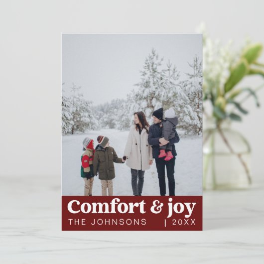 Comfort & Vreugde Foto en Naam Modern Kerstmis Feestdagenkaart (Staand voorkant)